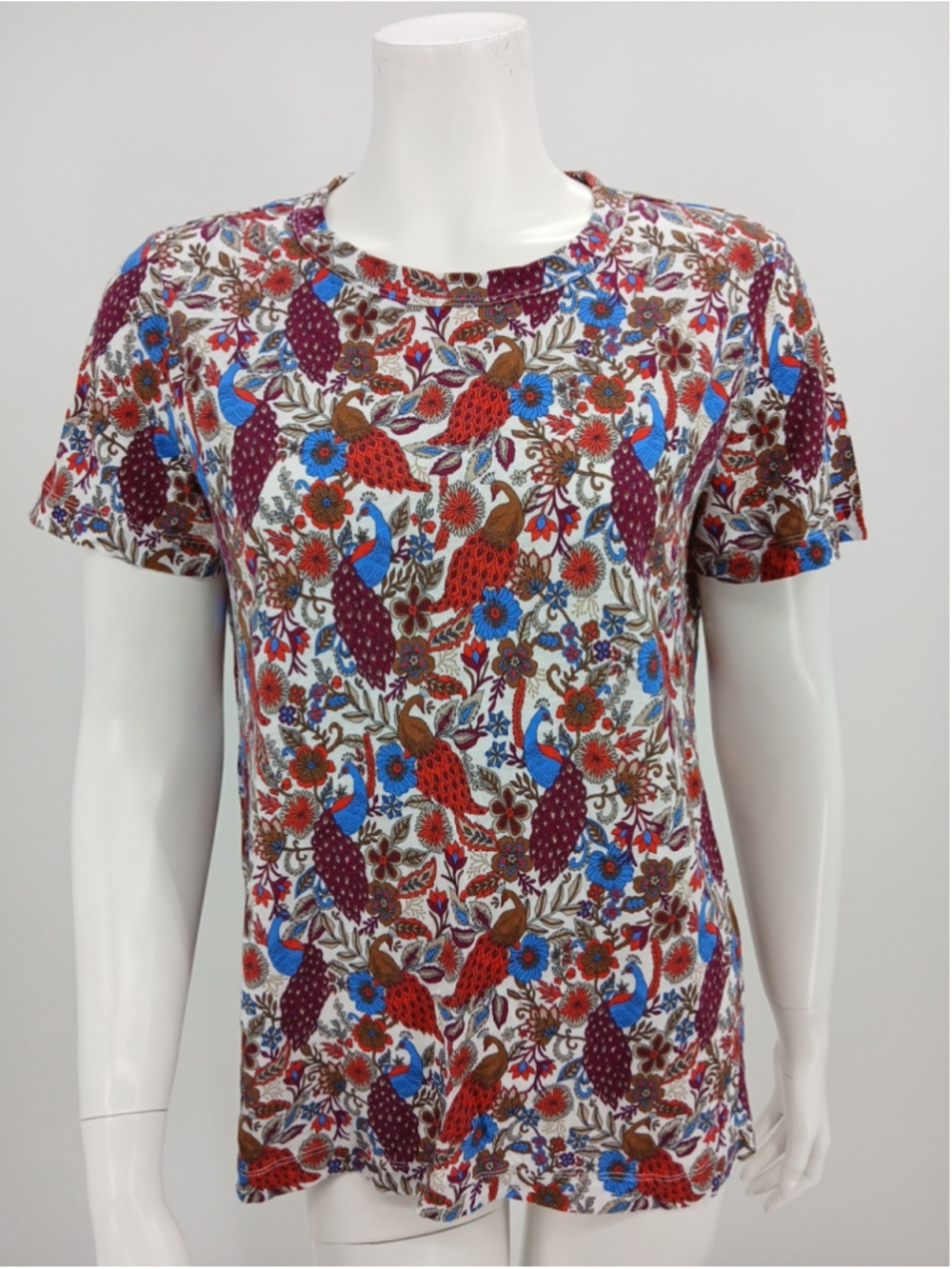 LOFT Multicolor Peacock Floral Women's Short Sleeve Shirt L 100% Cotton